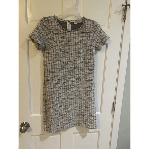 Loft black/white/blue Tweed Plaid Fringe Shift Dress Size 2 - Picture 5 of 8
